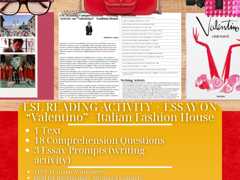 ESL Reading Comprehension + Writing Activity - Valentino - Italian Fashion House