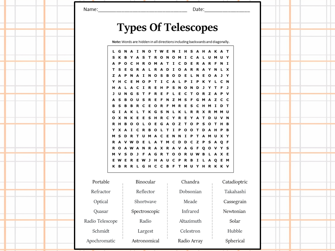 Types Of Telescopes Word Search Puzzle Worksheet Activity Teaching