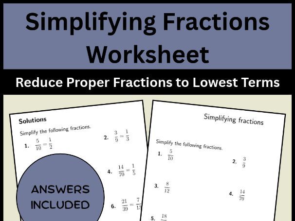 Simplifying Fractions Worksheet | Reduce Proper Fractions to Lowest Terms