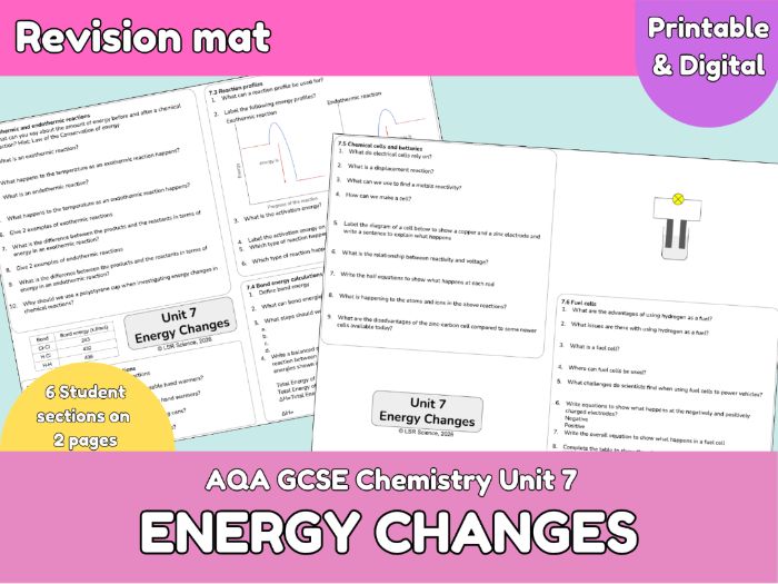 Energy Changes Revision Mat | AQA GCSE Chemistry Unit 7 | Exothermic, Endothermic & Bond Energy