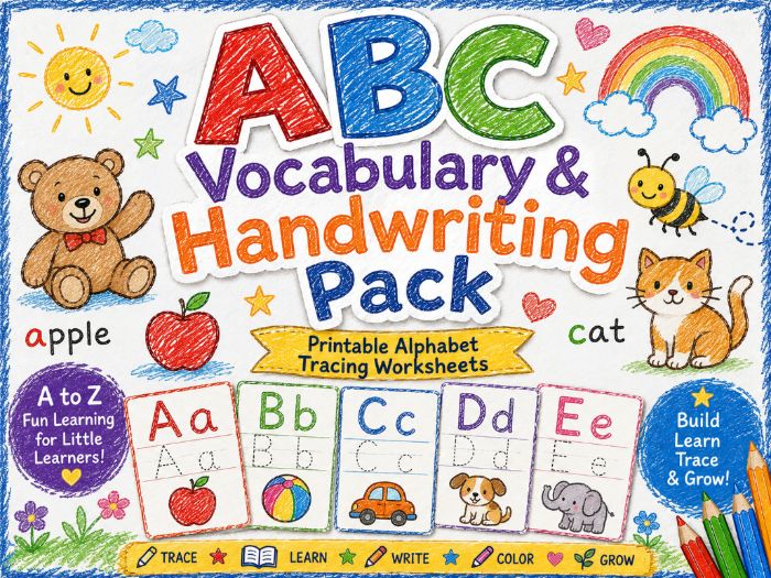 ABC Vocabulary & Handwriting Pack | Printable Alphabet Tracing Worksheets