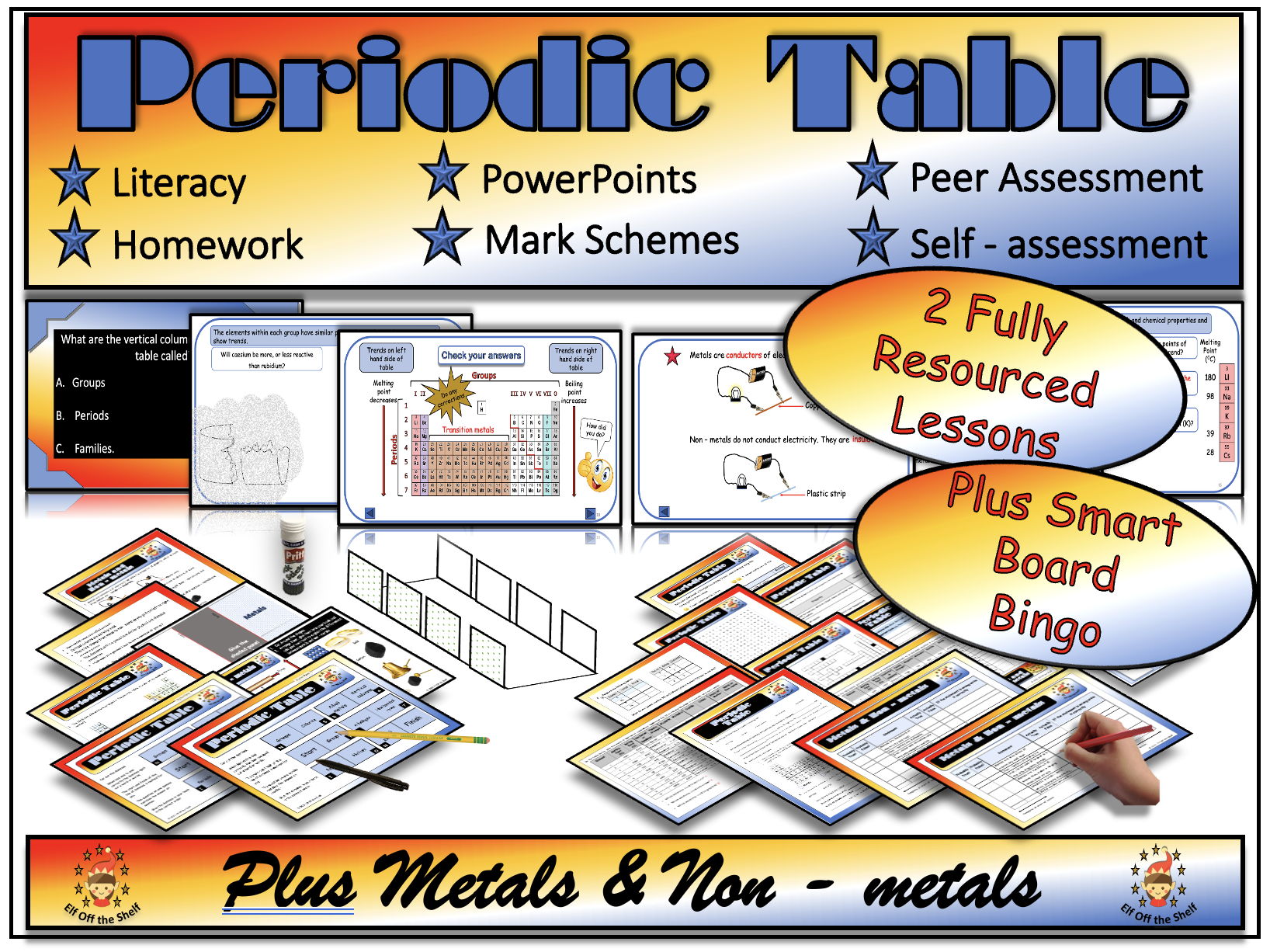 Periodic Table of  Element and Properties of Metals and Non-metals Fully Resourced Lesson Plus White Board Bingo Game KS3
