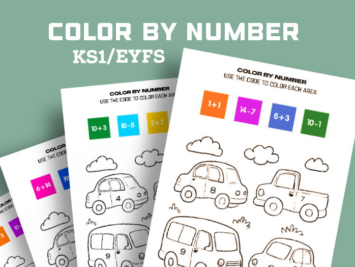 Color by Number – Car Theme Addition & Subtraction Worksheet (EYFS / KS1)