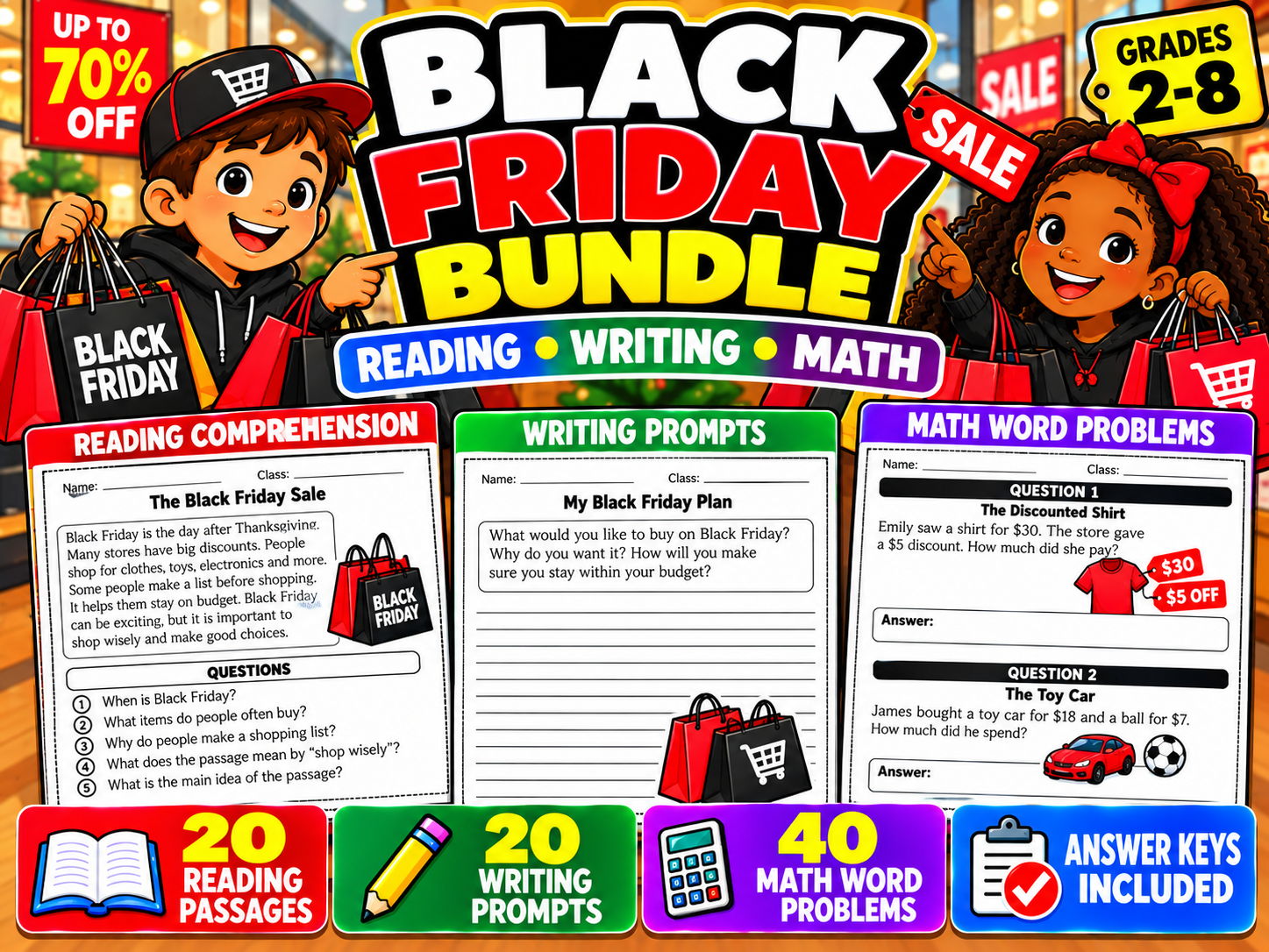 Black Friday Activities Bundle | Reading, Writing & Math | Grades 2–8