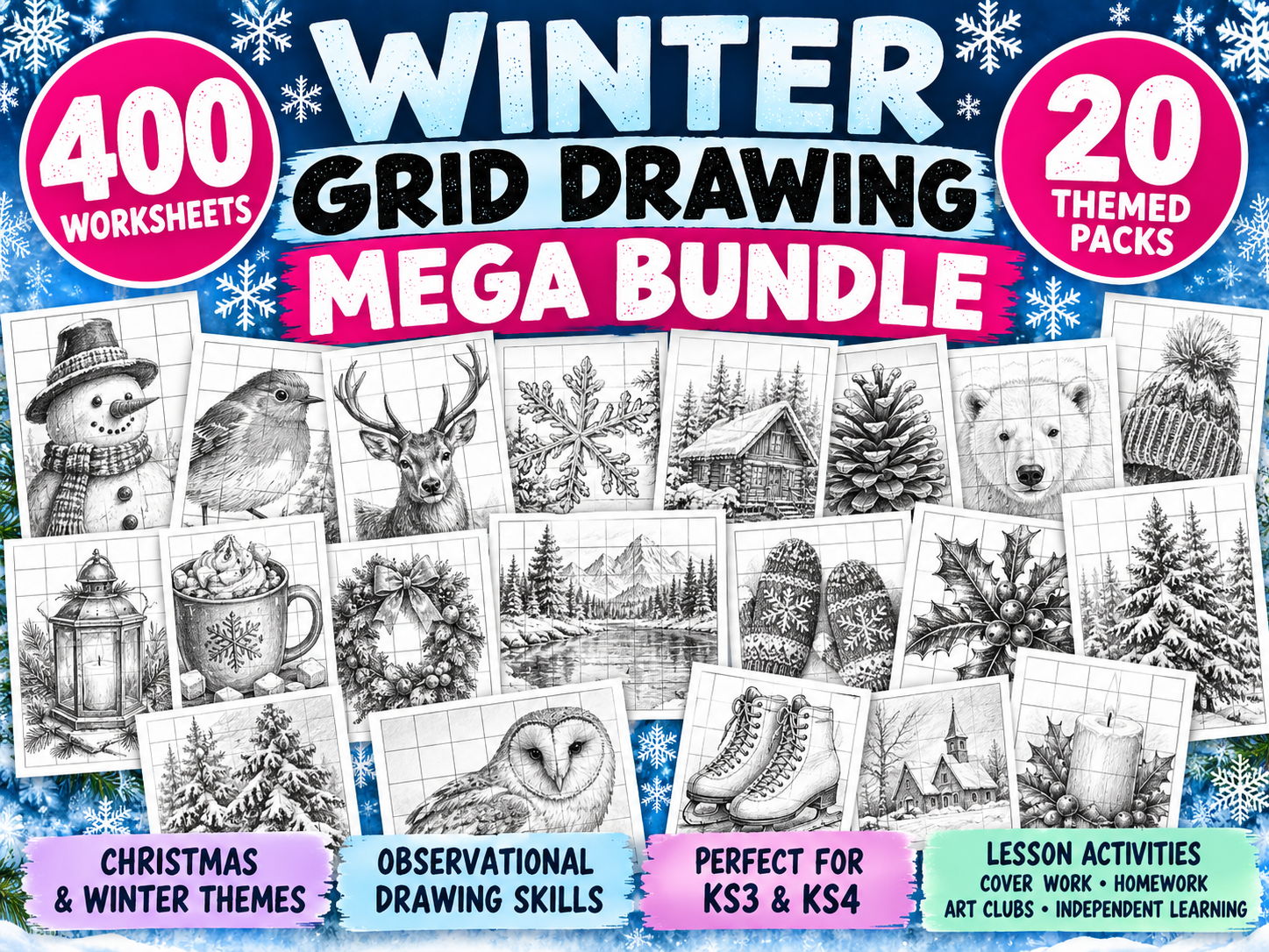 Winter Grid Drawing Mega Bundle | 400 Art Worksheets | 20 Packs | Christmas & Winter Art | KS3 KS4