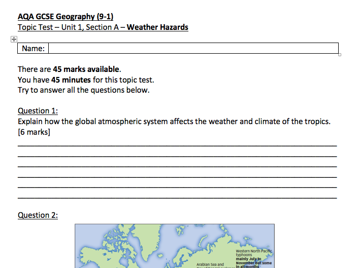 Weather Hazards Topic Test, AQA GCSE Geography (9-1)