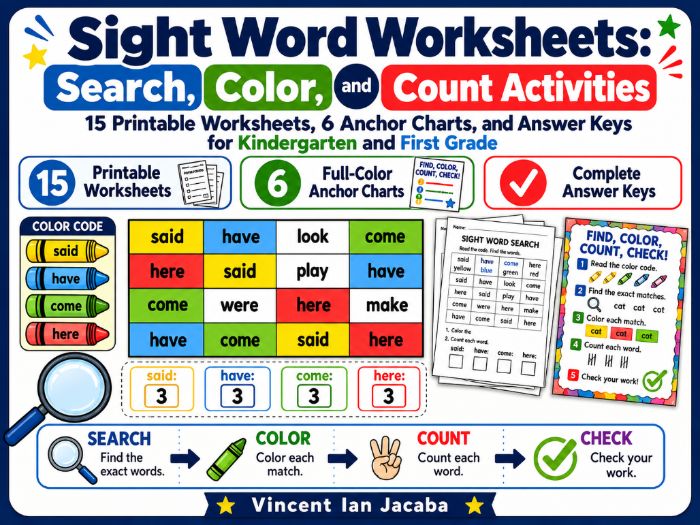 Sight Word Search, Color & Count Worksheets | Kindergarten & Grade 1