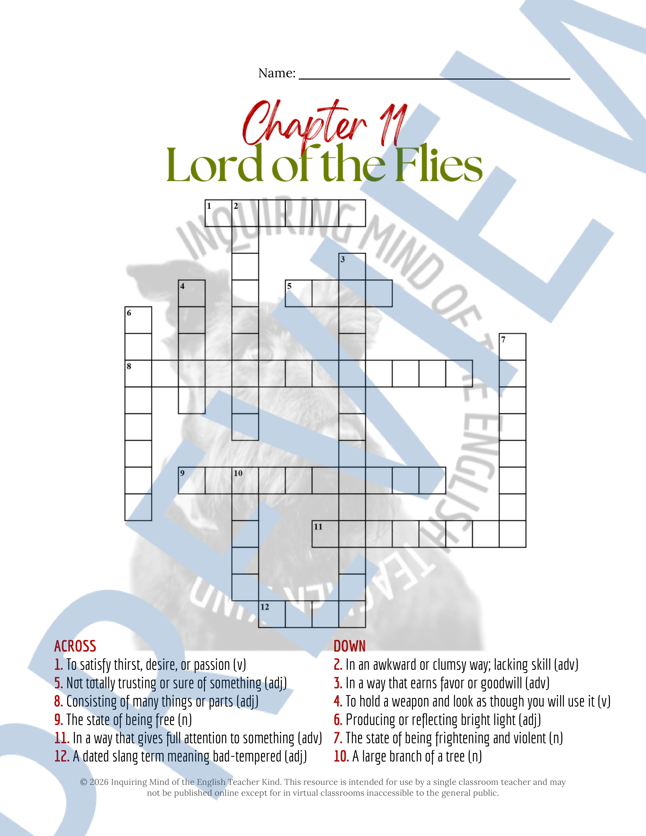 Lord of the Flies Chapter 11 Vocabulary Games | Crossword Puzzle | Word ...