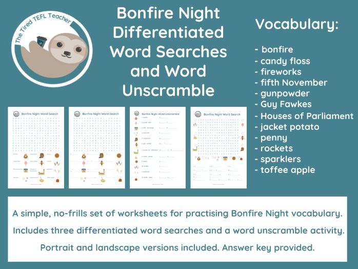 ESL Bonfire Night Differentiated Word Searches and Word Unscramble