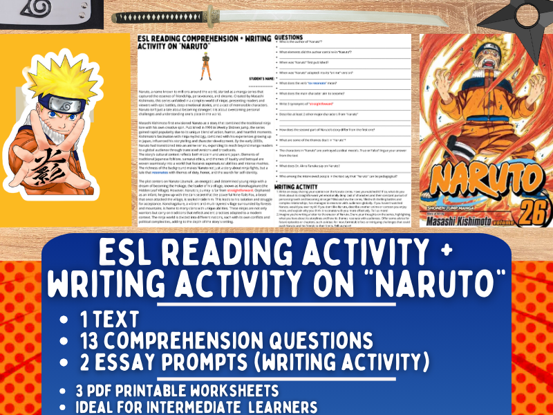 ESL Reading Comprehension + Writing Activity Worksheets on "Naruto"
