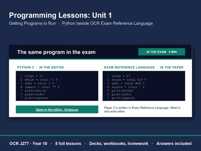 OCR J277 Python Lessons – Unit 1 (5 Lessons)
