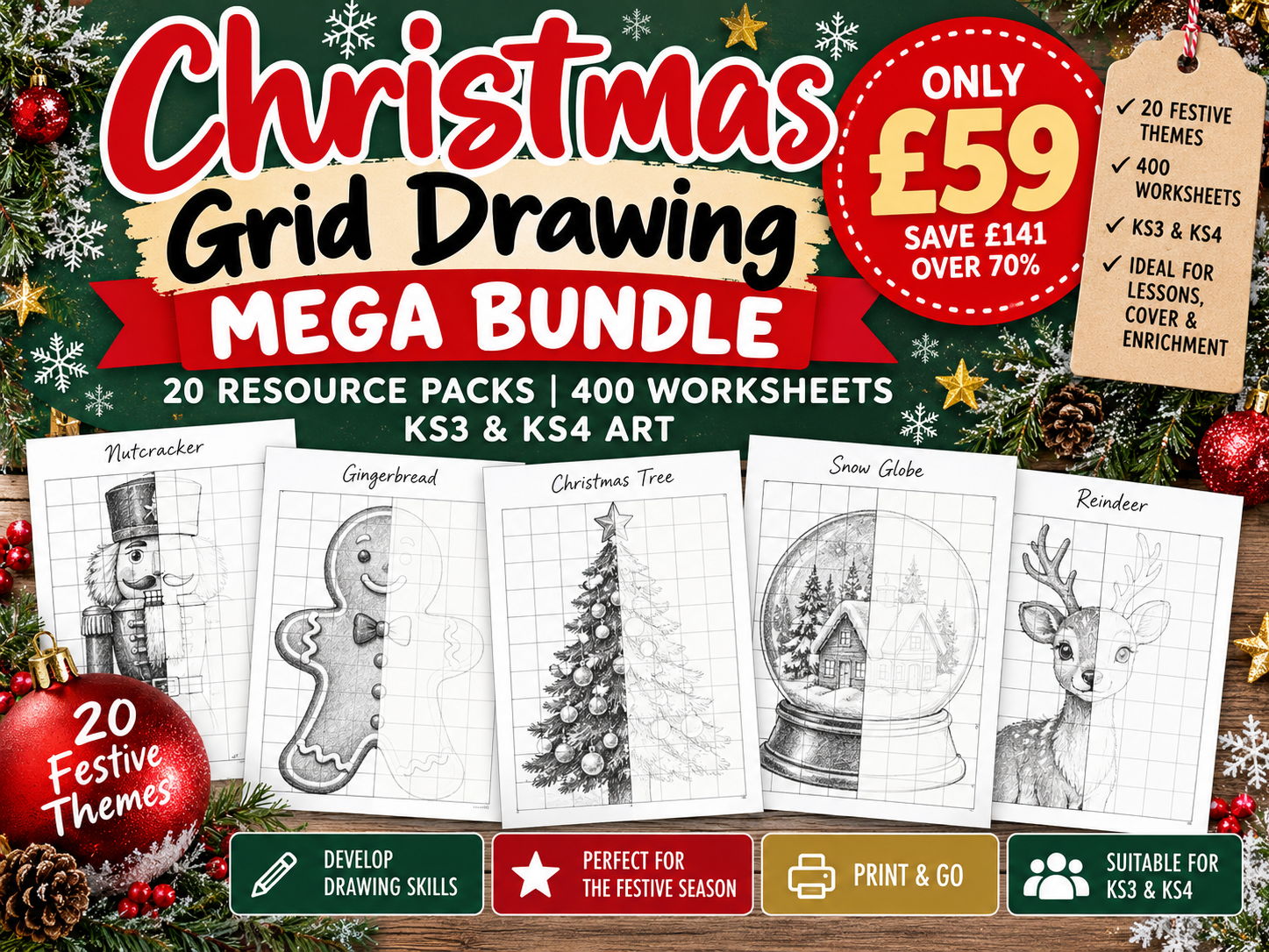 Christmas Grid Drawing Mega Bundle | 400 Festive Art Worksheets | KS3 KS4