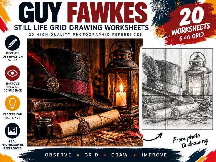 Guy Fawkes Night Still Life Grid Drawing Worksheets | 20 Bonfire Night Art Activities | KS3 & KS4