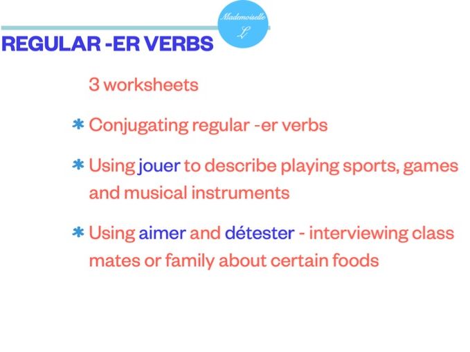 French - Conjugating Regular -er verbs present tense worksheet