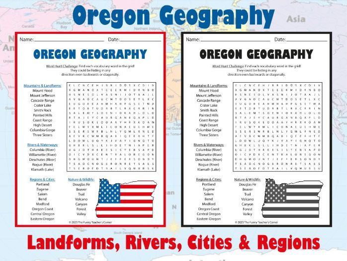 Oregon Geography Word Search | Landforms, Rivers, Cities & Regions Activity
