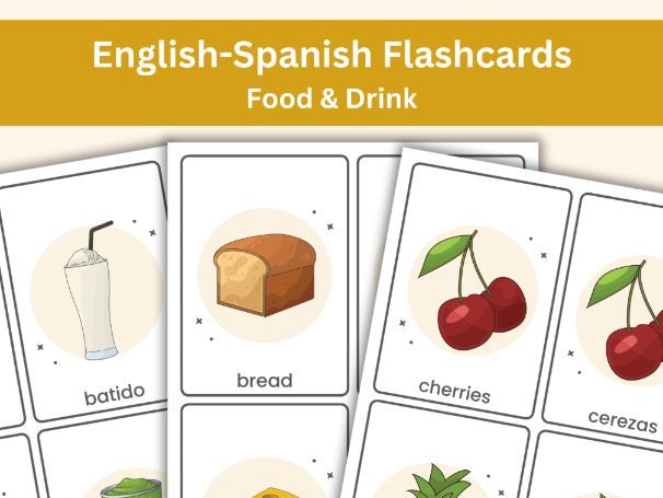 English - Spanish Flashcards – Food & Drink Vocabulary (84 Printable Cards)