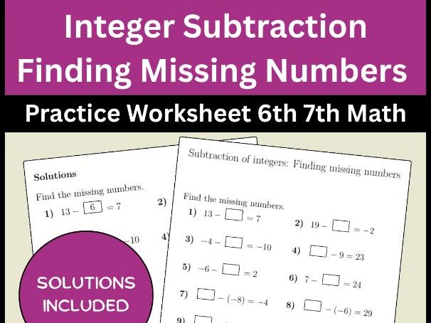 Integer Subtraction Finding Missing Numbers Practice Worksheet 6th 7th Math