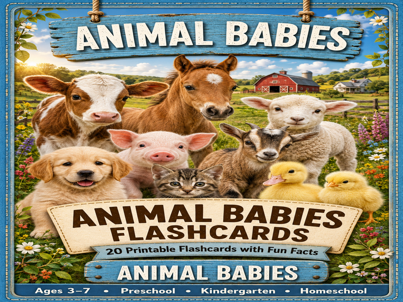 Animal Babies Flashcards | 20 Printable Cards with Pronunciation & Fun Facts