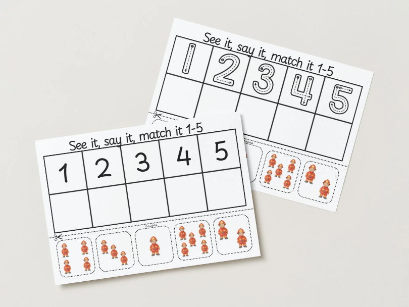 Numbers 1–5: Say It, See It, Cut and Stick - Firefighters