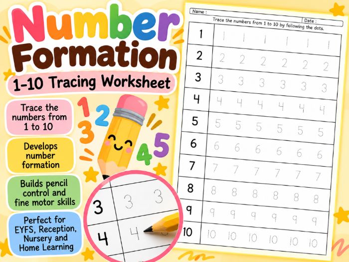 Number Formation 1–10 Tracing Worksheet