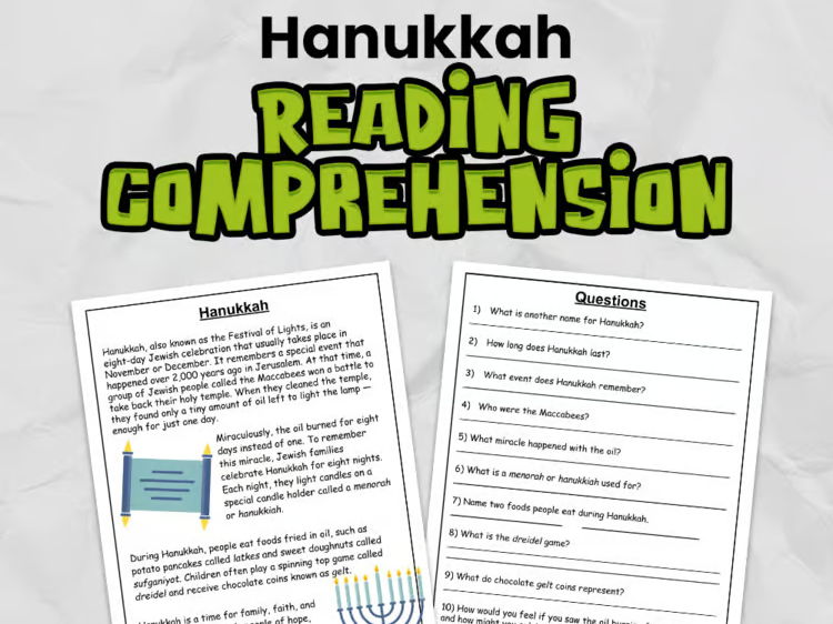 Hanukkah Reading Comprehension for KS2 or Grades 3 - 5 | Guided Reading Task
