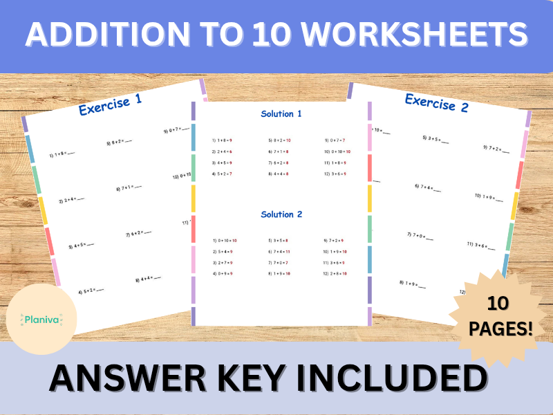 Addition to 10 Worksheets | Early Math Practice | Answer Key Included