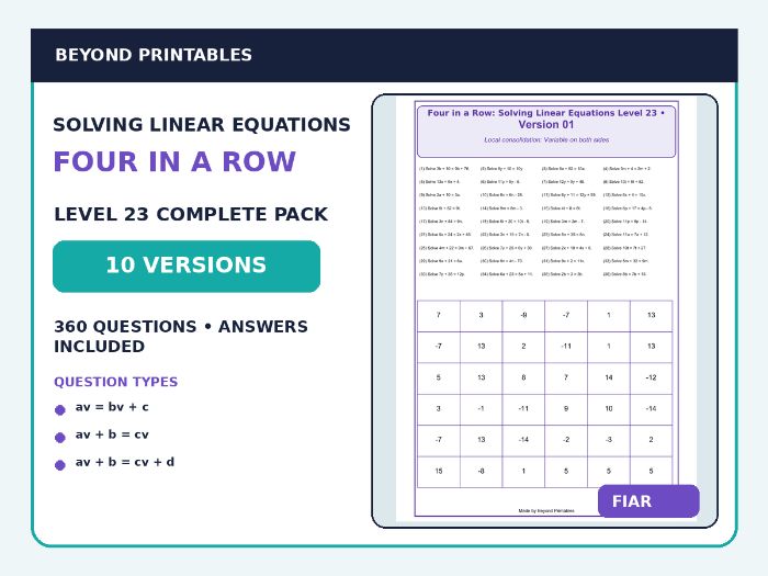 Solving Linear Equations Four in a Row | Variables on Both Sides : Level 23 | 10-Version Maths Pack