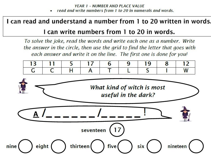 Y1 arithmetic jokes/codes/riddles worksheet set, reading/writing numbers to 20
