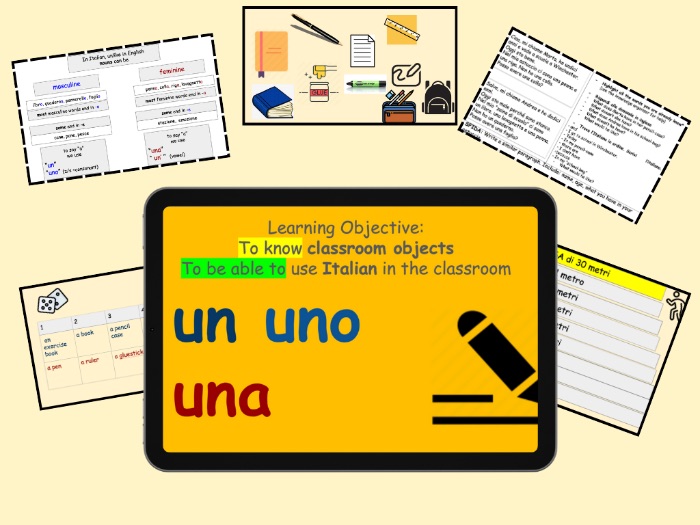 Year 7 Italian articles UN/UNO/UNA + classroom objects LESSON 9 with worksheet