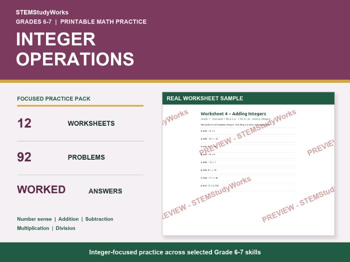 Grade 6-7 Integer Operations Worksheets