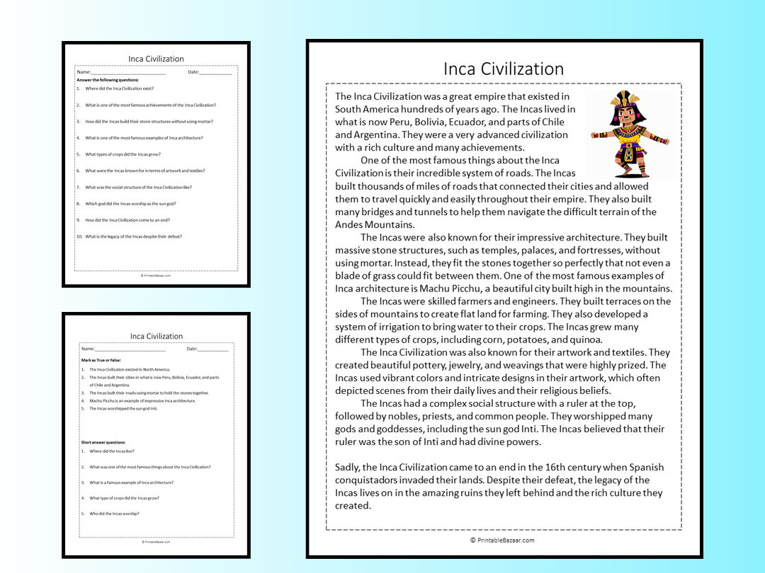 Inca Civilization Reading Comprehension Passage Printable Worksheet ...