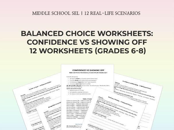 Middle School SEL Confidence vs Showing Off 12 No-Prep 15-Min PDF Worksheets