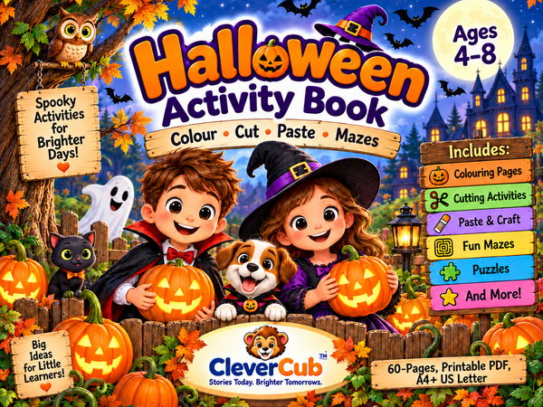 Clevercub Halloween Colour, Cut, Paste & Mazes 60-page Activity Book Ages 4-8