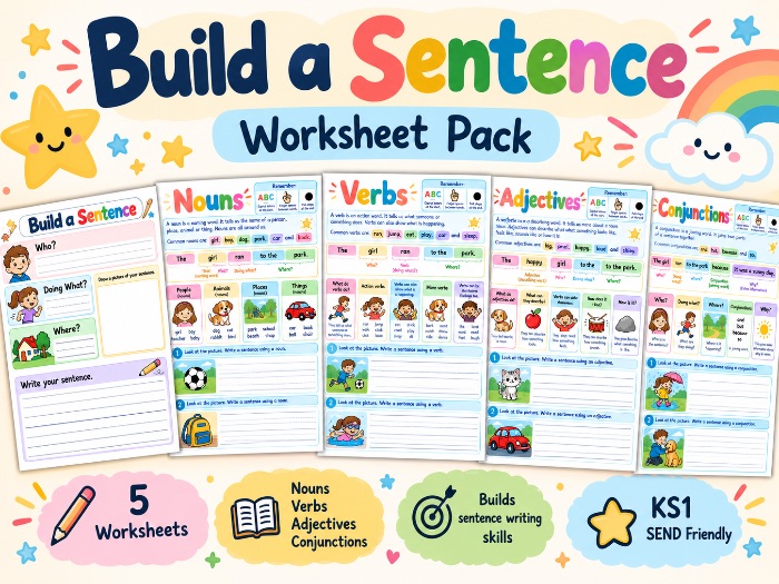 Build a Sentence Worksheet Pack | Nouns, Verbs, Adjectives & Conjunctions | KS1