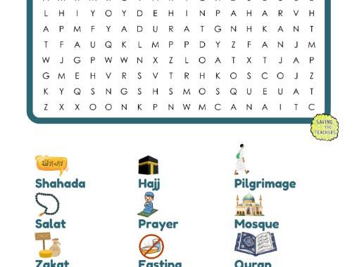 Five Pillars of Islam Word Search with Illustrations | RE Activity (Ages 7–9)