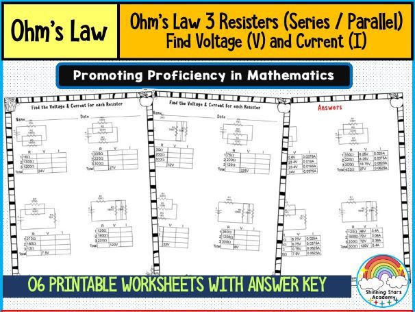Ohm’s Law – 3 Resistors (Series / Parallel) (Find Voltage (V) and Current (I)) Worksheets | Basic El