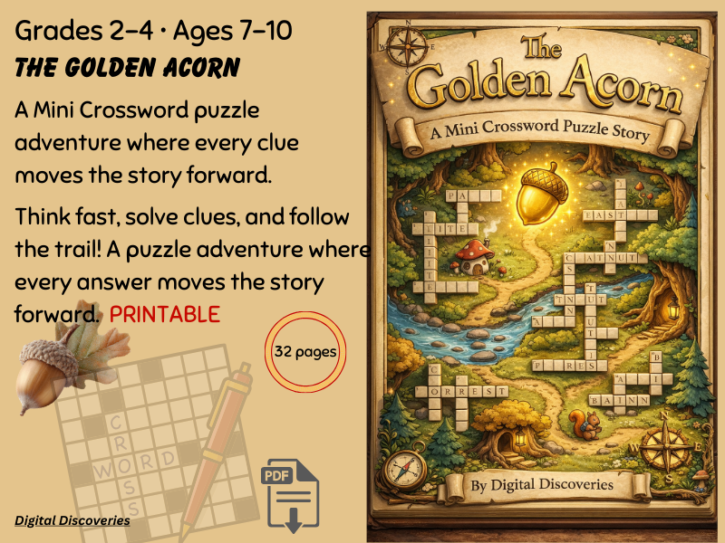 The Golden Acorn Mini Puzzle Story – Grades 1-3 Reading, Crossword, and Coloring Printable