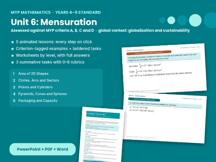MYP Maths 4–5 Mensuration – Unit 6: area, volume, surface area, criteria A–D tasks and rubrics