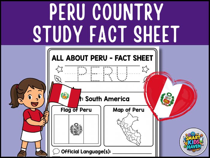Peru Map and Flag Country Study Research Project Worksheet Geography.