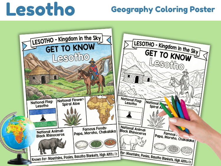 Lesotho Geography Coloring Poster | Country Facts & Map Activity