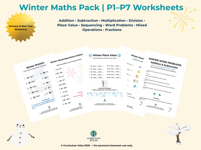 Winter Maths Pack — Printable Worksheets for P1–P7