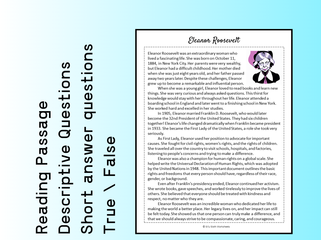 Eleanor Roosevelt Biography Reading Comprehension Passage Printable ...