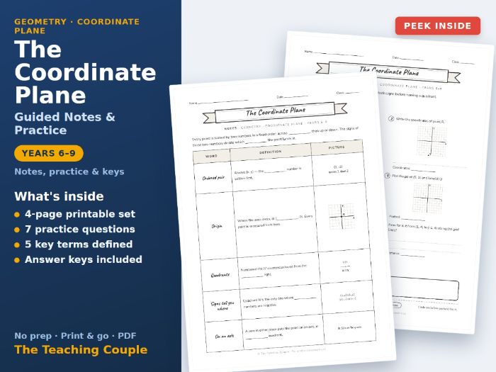 The Coordinate Plane Guided Notes & Practice + Key | Years 6-9