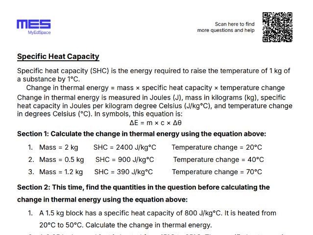 GCSE Physics AQA FT Topic 1: Energy - Specific Heat Capacity Worksheet
