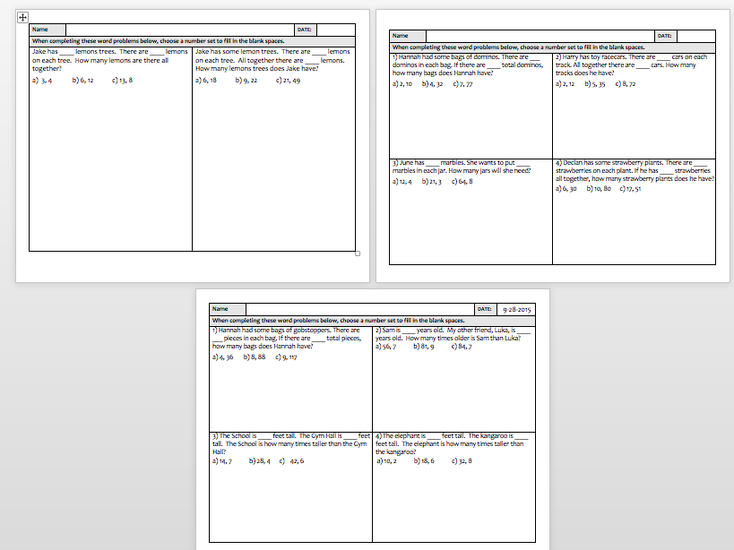 Measurement Division CGI Problems - 3 differentiated sheets