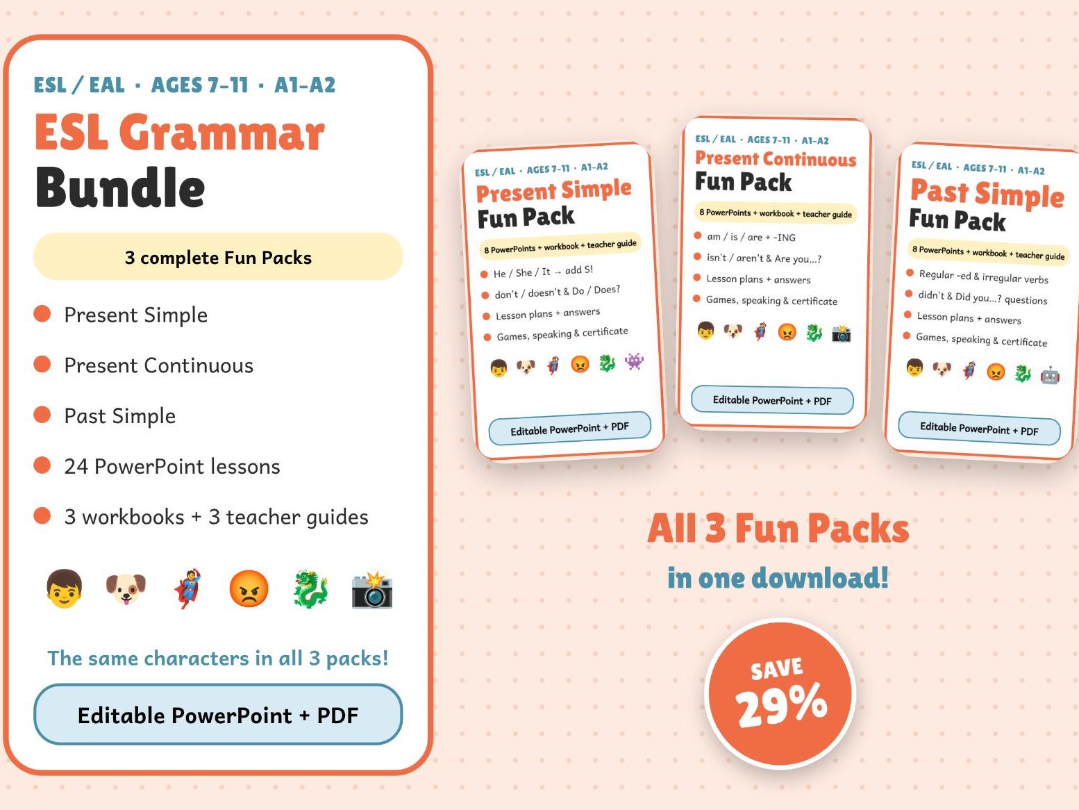 ESL Grammar Bundle: Present Simple, Present Continuous & Past Simple (Ages 7–11, A1–A2)
