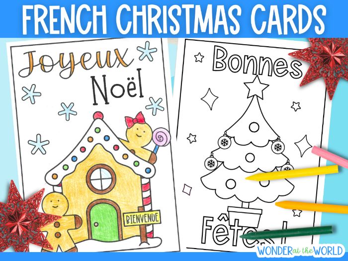 French Christmas cards - 6 designs to print colour and write cartes de Noël KS2 KS3