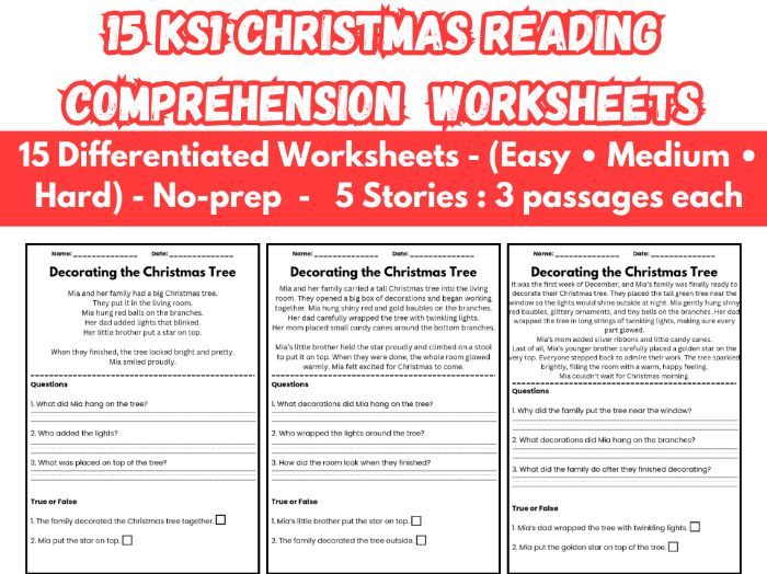 KS1 Christmas Reading Comprehension Worksheets | 15 Differentiated Worksheets | 5 Stories