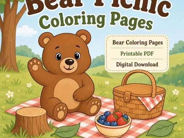 Bear Picnic Coloring Pages | Bear Coloring Pages | Printable PDF | Digital Download