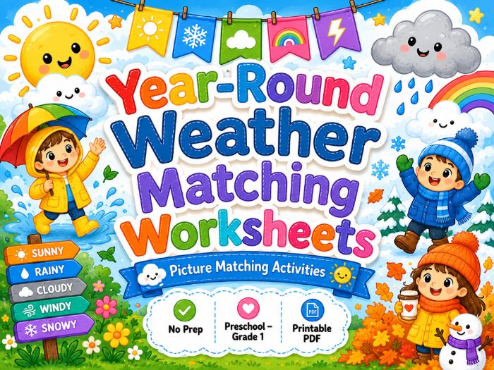 Year-Round Weather Worksheets | Matching Activities Preschool Kindergarten Grade 1
